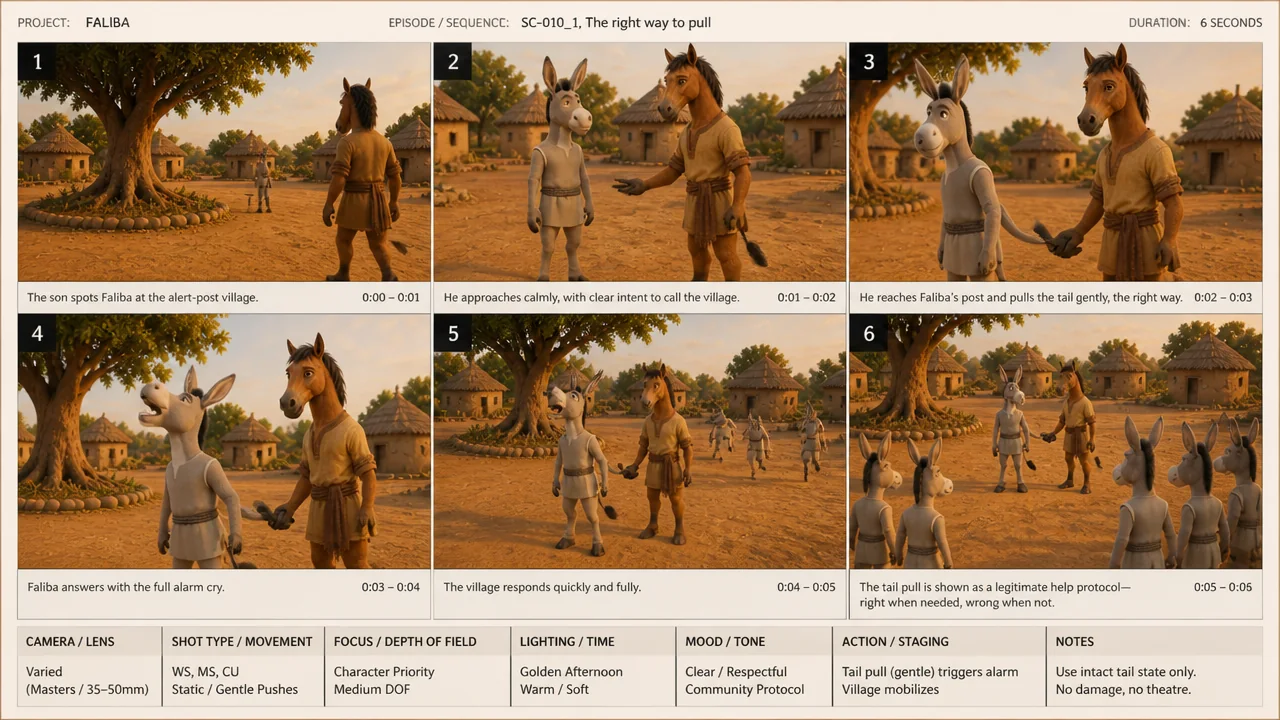 Reference-guided storyboard pass with the intended characters and village